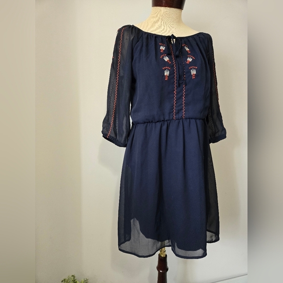 Navy Blue Aztec Embroidered Midi Dress. Size Small - Picture 2 of 12
